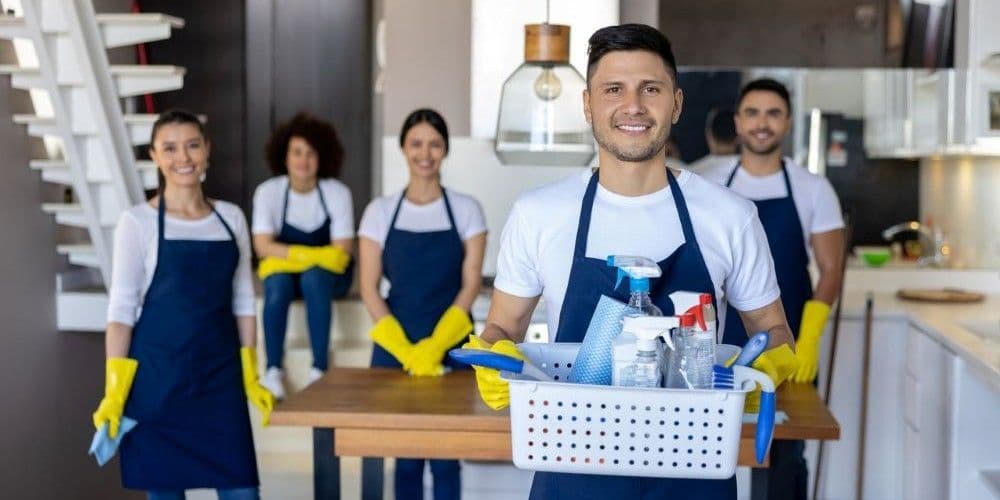 Cleaning crew ready to start working.