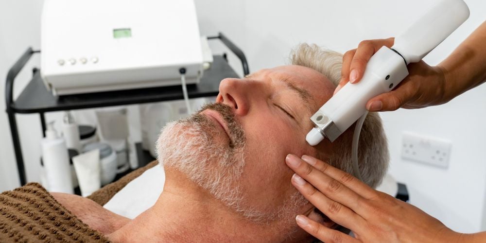 Man at the spa getting a facial laser treatment.